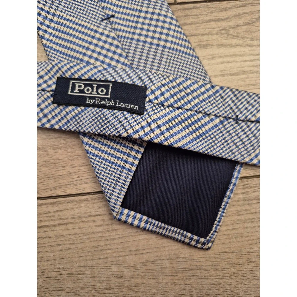 Polo Ralph Lauren Mens Blue White Glen Plaid Silk Necktie Hand Made in‎ Italy